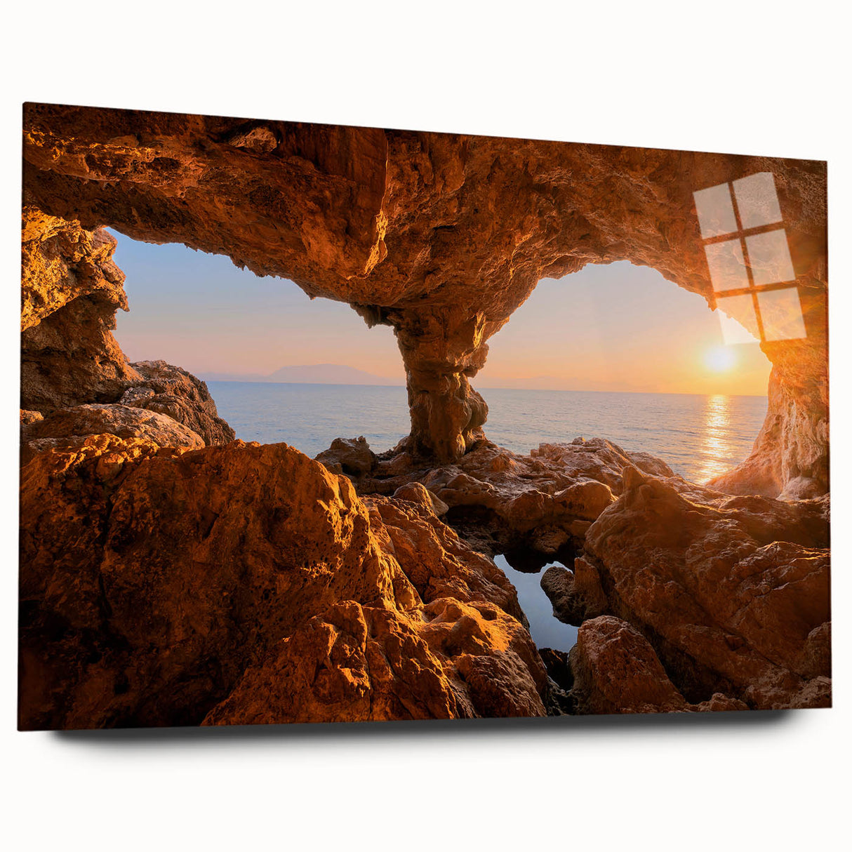 Large abstract wall art of a Sicilian landscape in muted earth tones on acrylic glass.