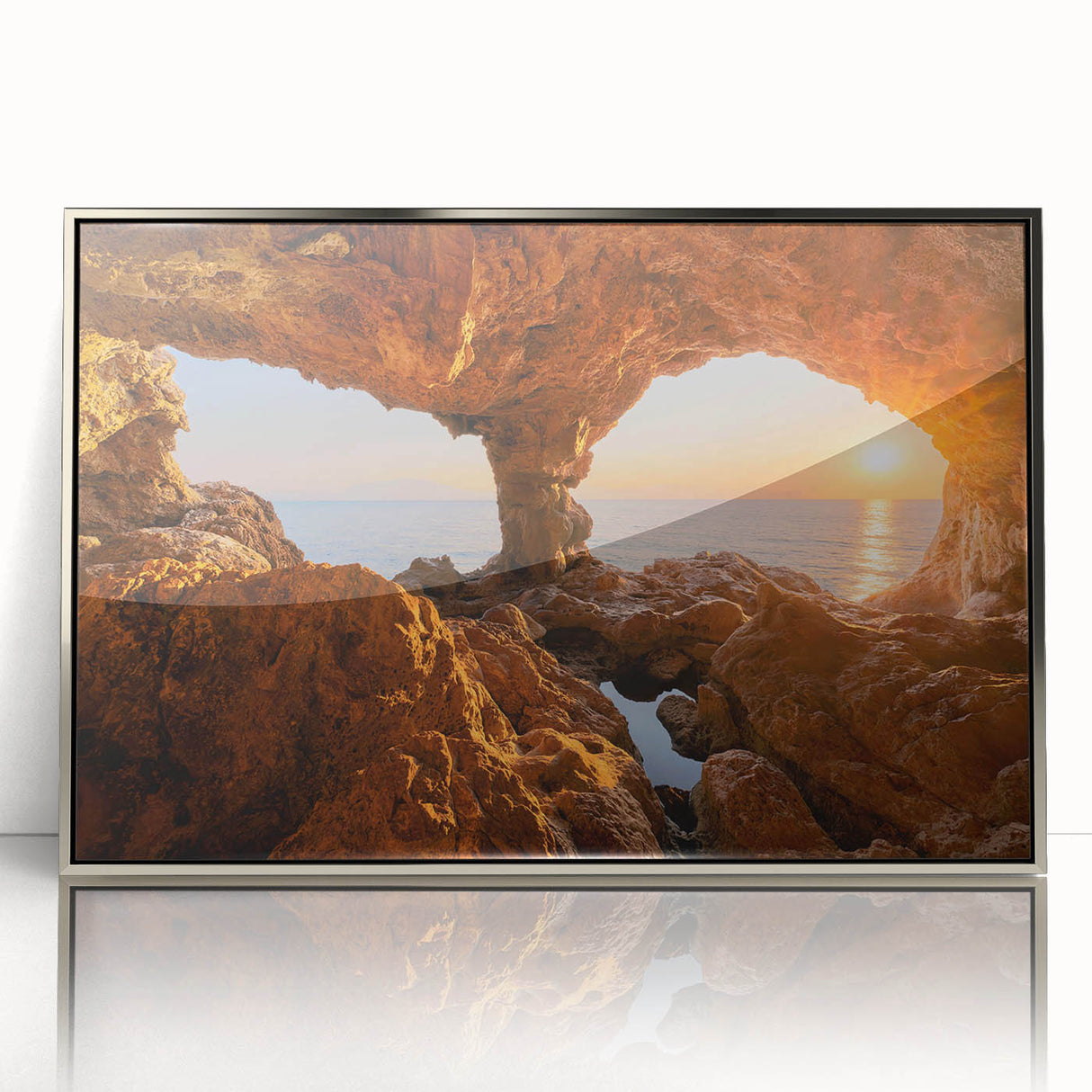 Large art print of a Sicilian landscape on silver-framed acrylic, featuring mid-century modernist style.