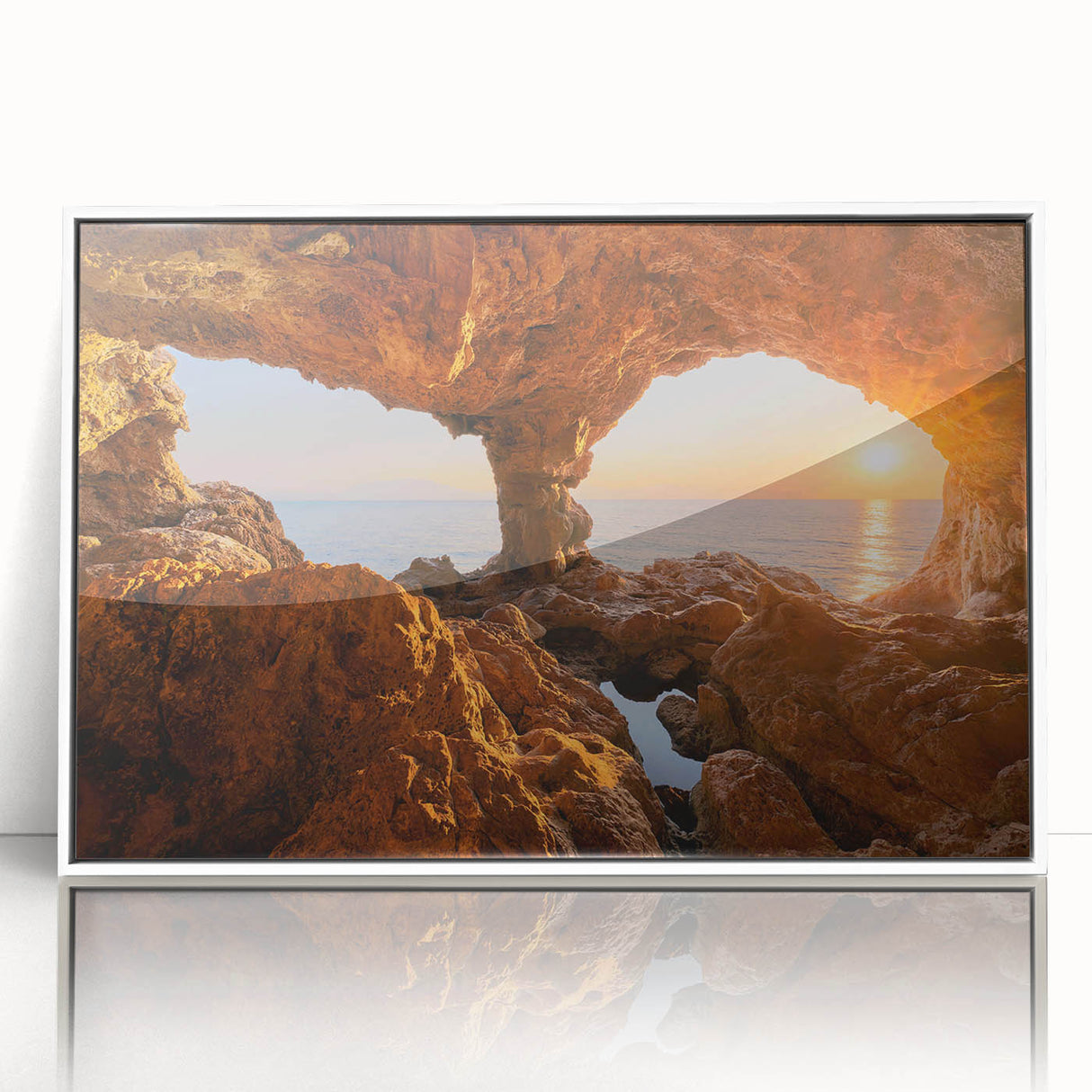 Mid-century modernist art depicting a Sicilian landscape, in muted earth tones on a framed acrylic.