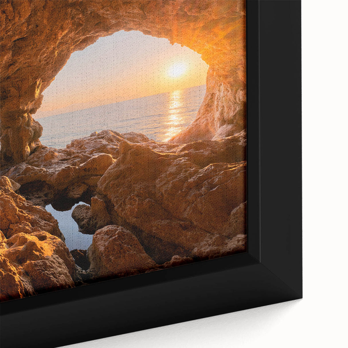 Black framed canvas featuring a textured, colorful Sicilian landscape, ideal for living room decor.