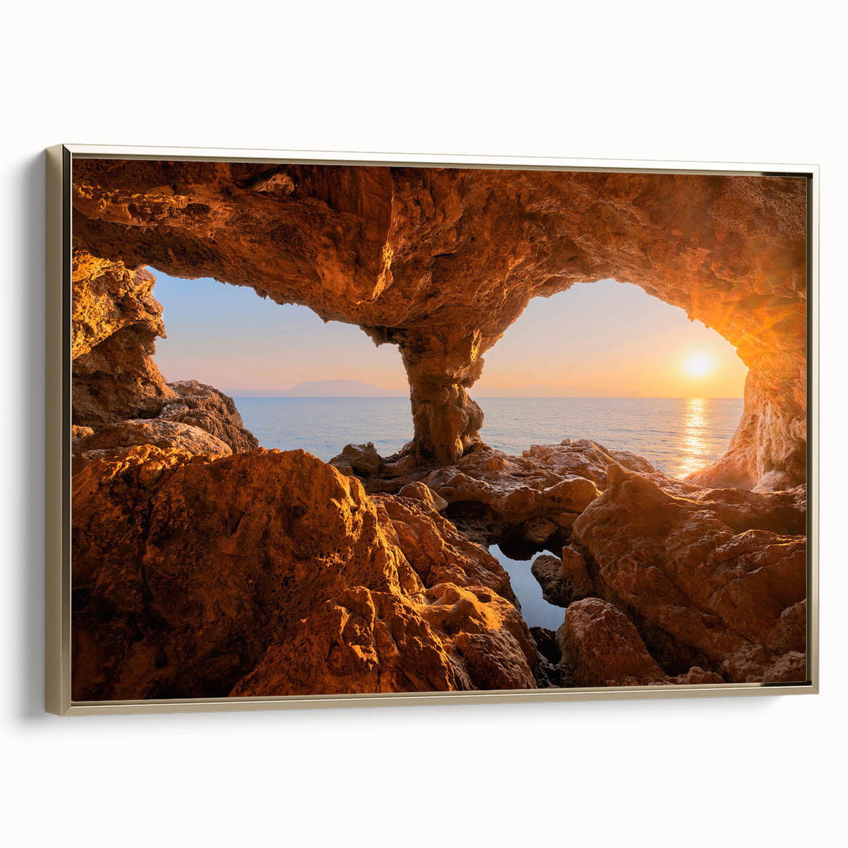 Framed canvas of a Sicilian landscape in muted earth tones, ideal for bedroom wall art.
