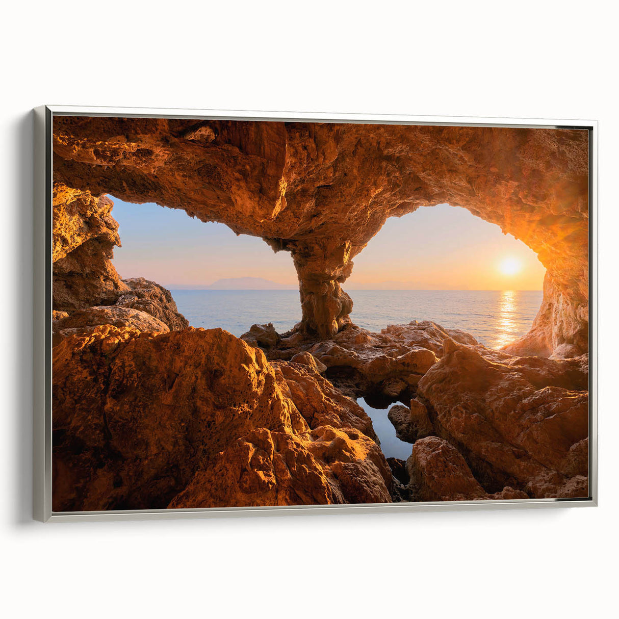 Framed canvas landscape art painting of a Sicilian scenery, with vibrant green and blue tones, ideal for living room decor.