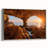Framed canvas landscape art painting of a Sicilian scenery, with vibrant green and blue tones, ideal for living room decor.