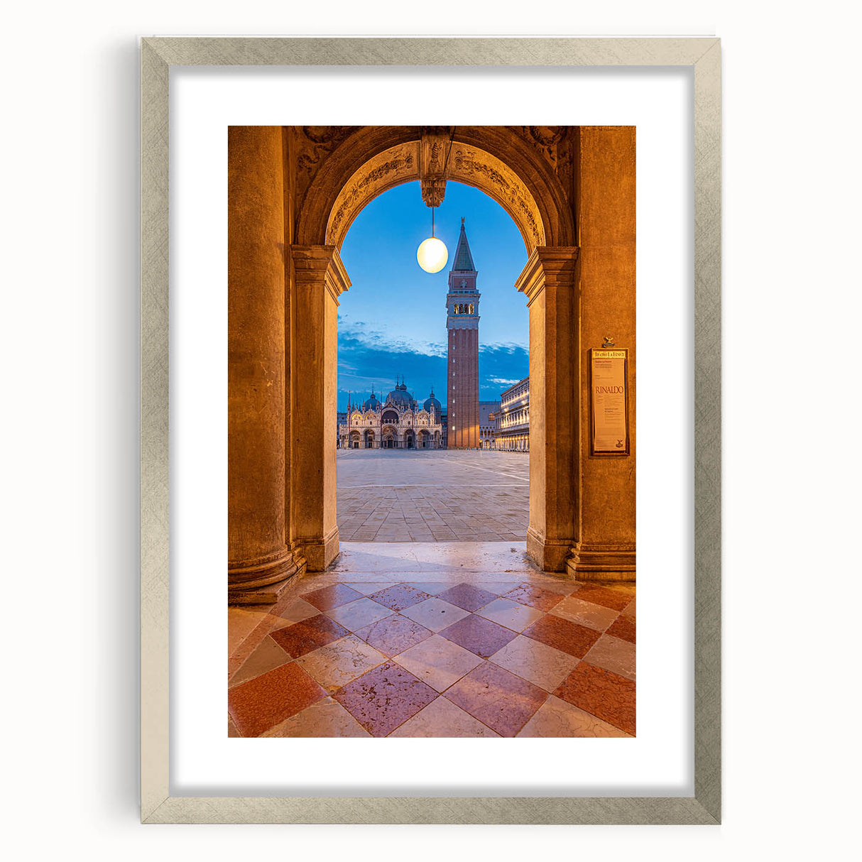 Extra large wall art of abstract Venice scenery in silver frame, featuring muted earthy tones.