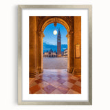 Extra large wall art of abstract Venice scenery in silver frame, featuring muted earthy tones.