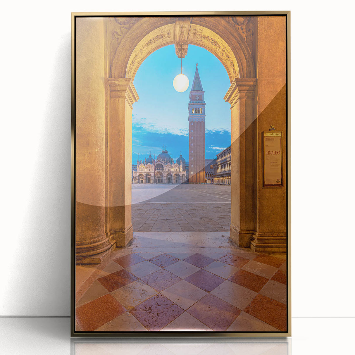 Art deco poster of Venice scenery in muted gold and blue tones on framed acrylic, suitable for modern art wall decor.