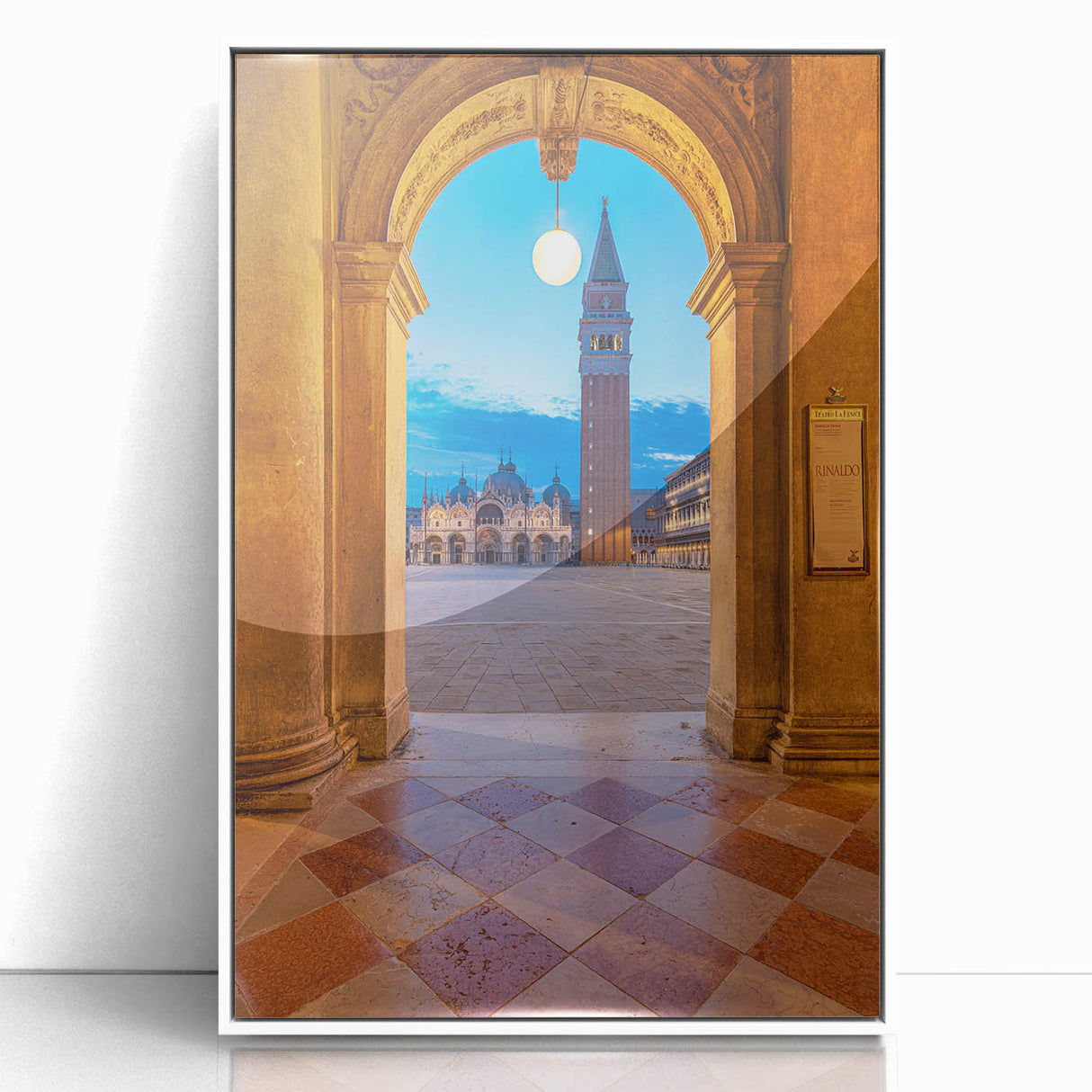 Mid-century modernist art of Venice scenery in muted earth tones on a framed acrylic, ideal for modern art wall decor.