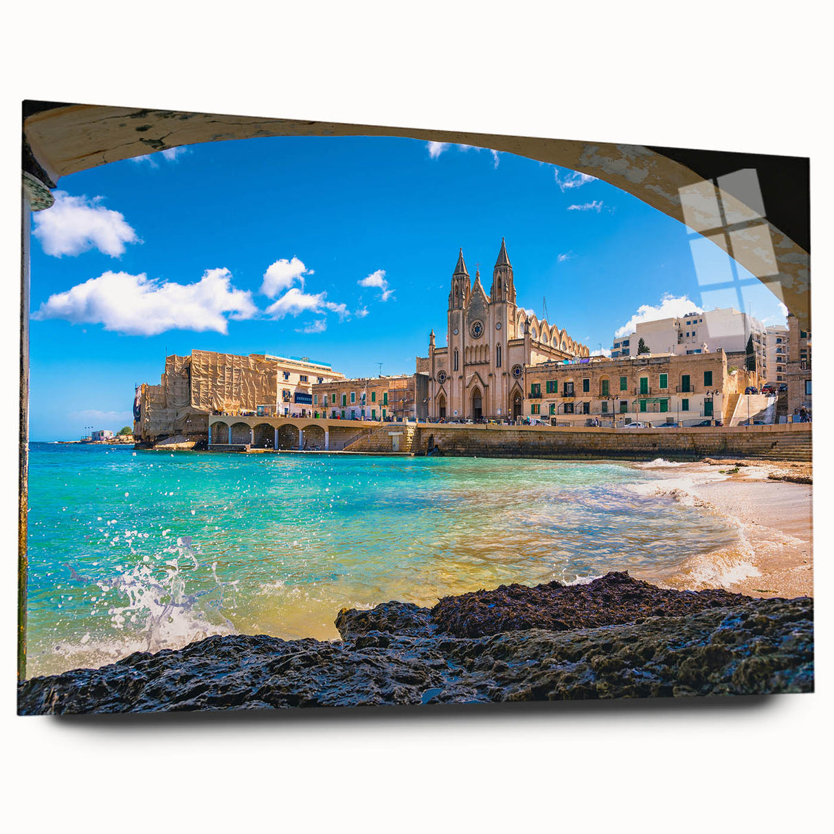 Acrylic print of a large abstract depiction of a European scenery, featuring muted earth tones.