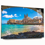 Acrylic print of a large abstract depiction of a European scenery, featuring muted earth tones.