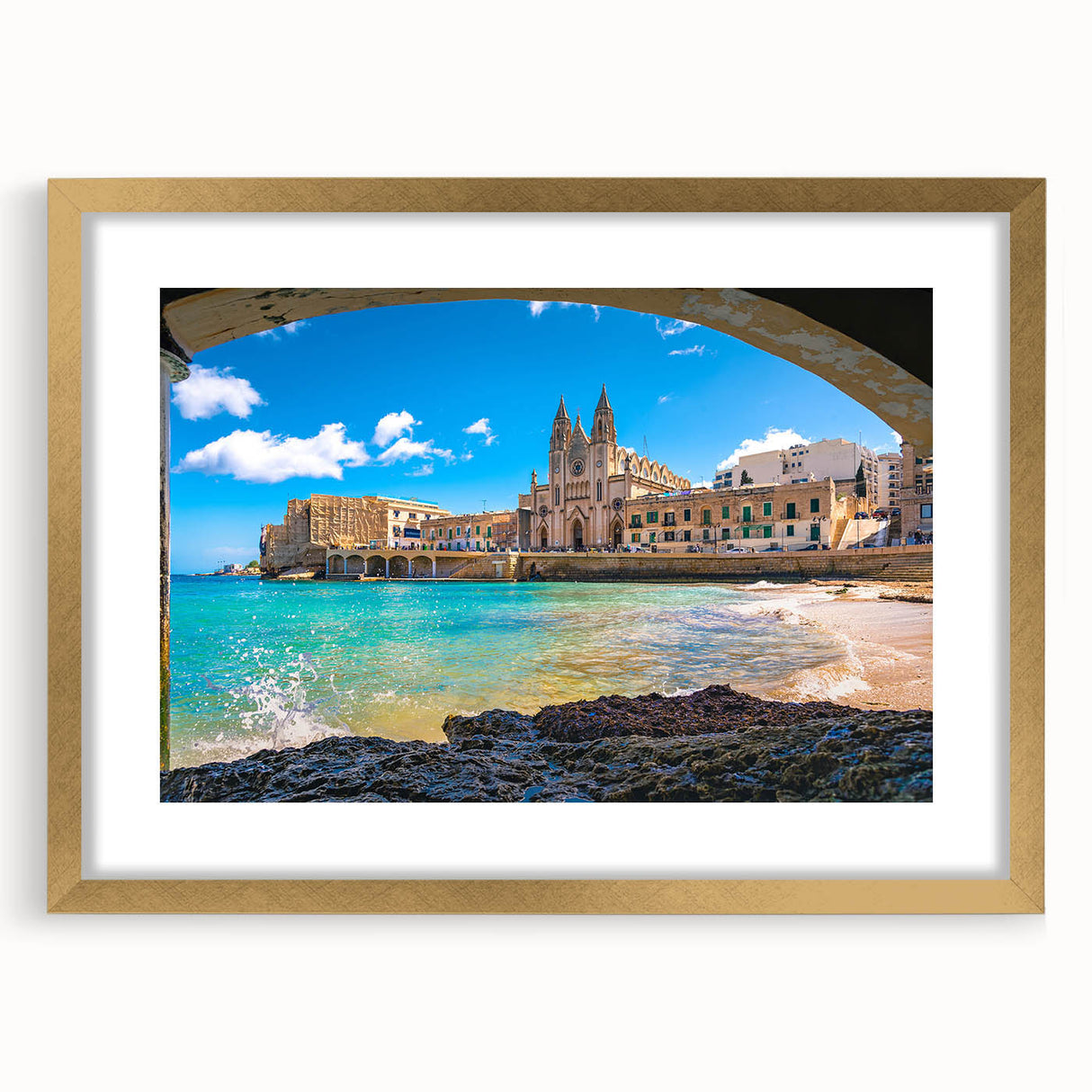Abstract art print of Malta scenery in muted earth tones, framed in gold, suitable for dining room decor.