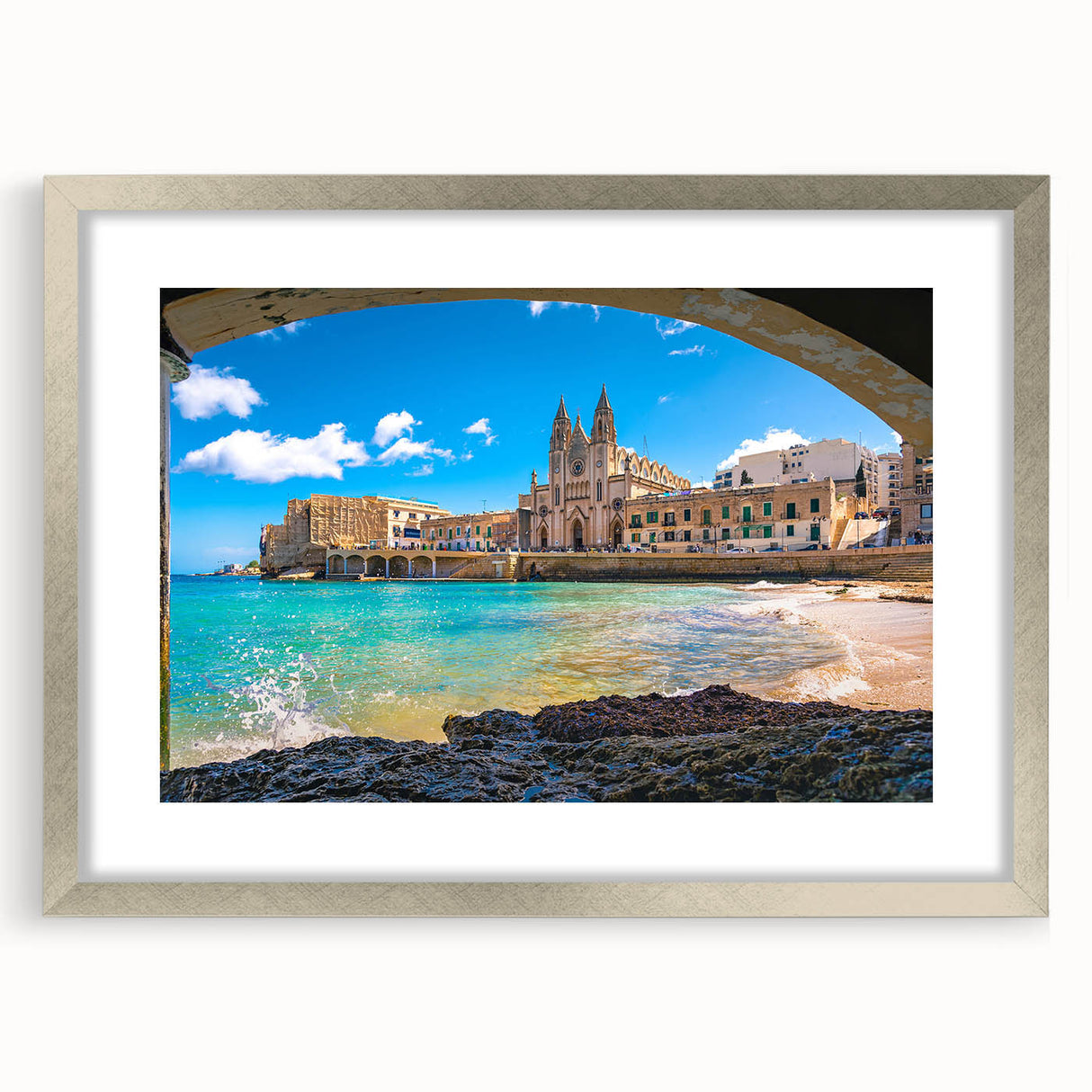 Extra large abstract art print of a European Malta scenery in textured silver frame, suited for living room decor.