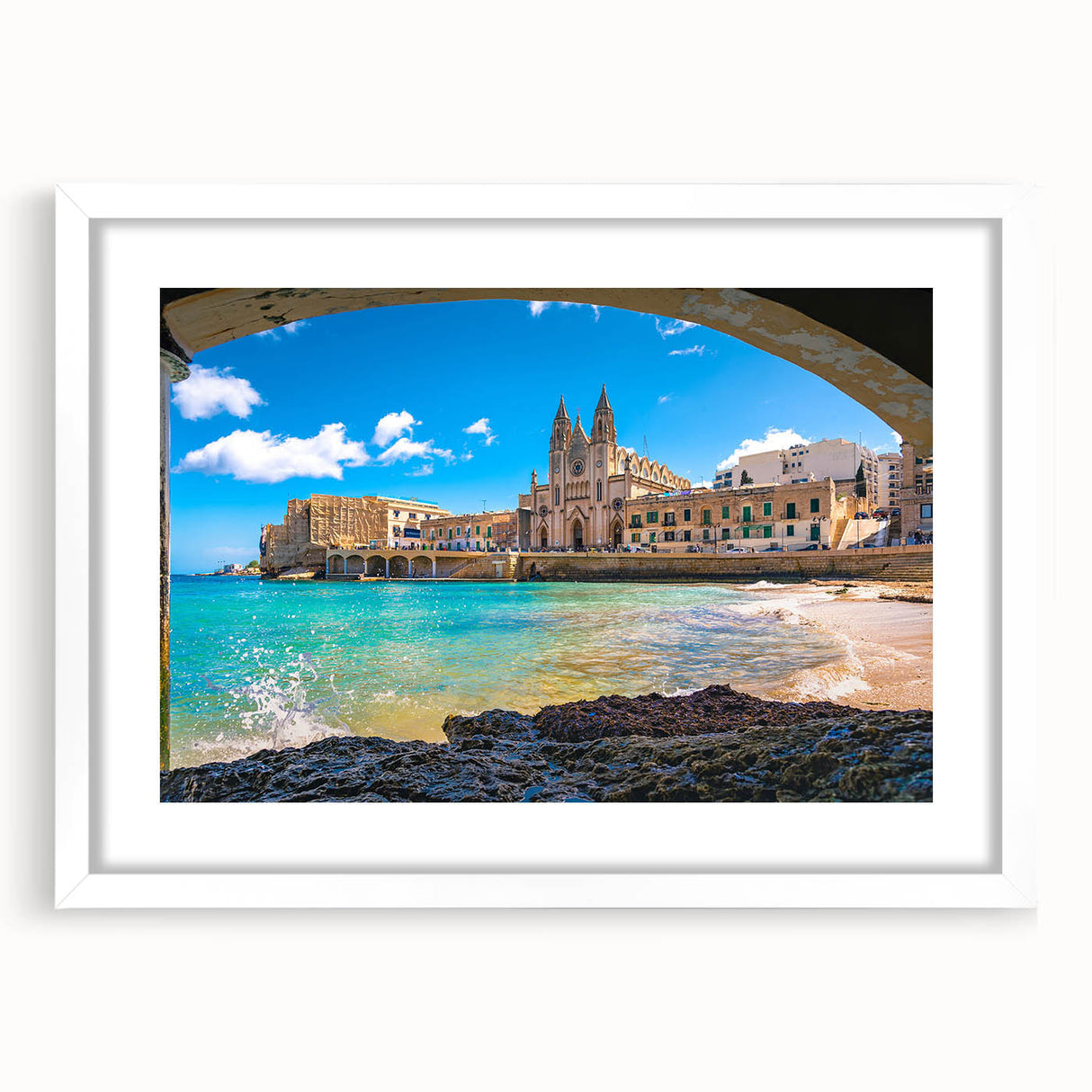 Textured abstract art print depicting a European Malta scenery in muted earth tones, framed with a white mat.