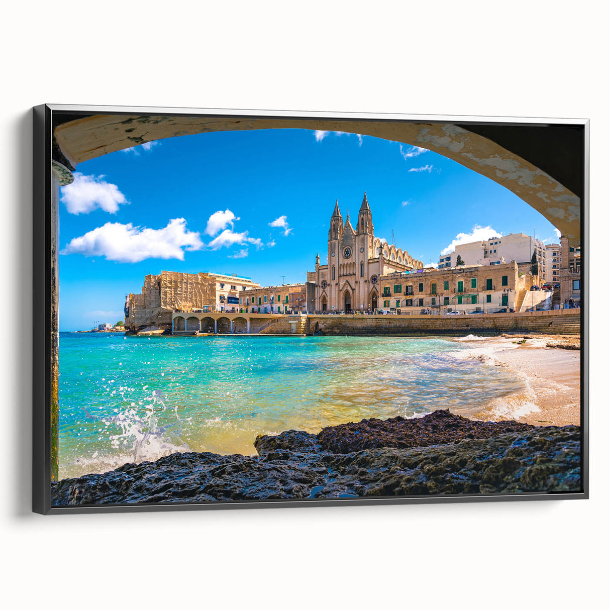 Black and white framed canvas of a vintage Malta landscape, ideal for bedroom wall decor.