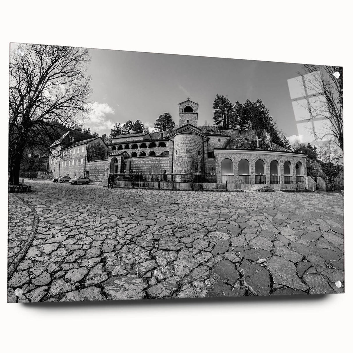 Acrylic print of a Montenegro landscape in muted earth tones, suitable for bedroom or dining room decor.