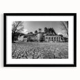 Extra large abstract art print of a colorful European scenery, textured finish on a framed black mat.
