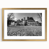Abstract art print of Montenegro scenery in muted earth tones, framed in gold, suitable for bedroom or dining room decor.