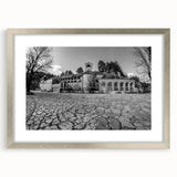Extra large abstract art print of a Montenegro scenery in muted earth tones, framed in silver, ideal for living room decor.