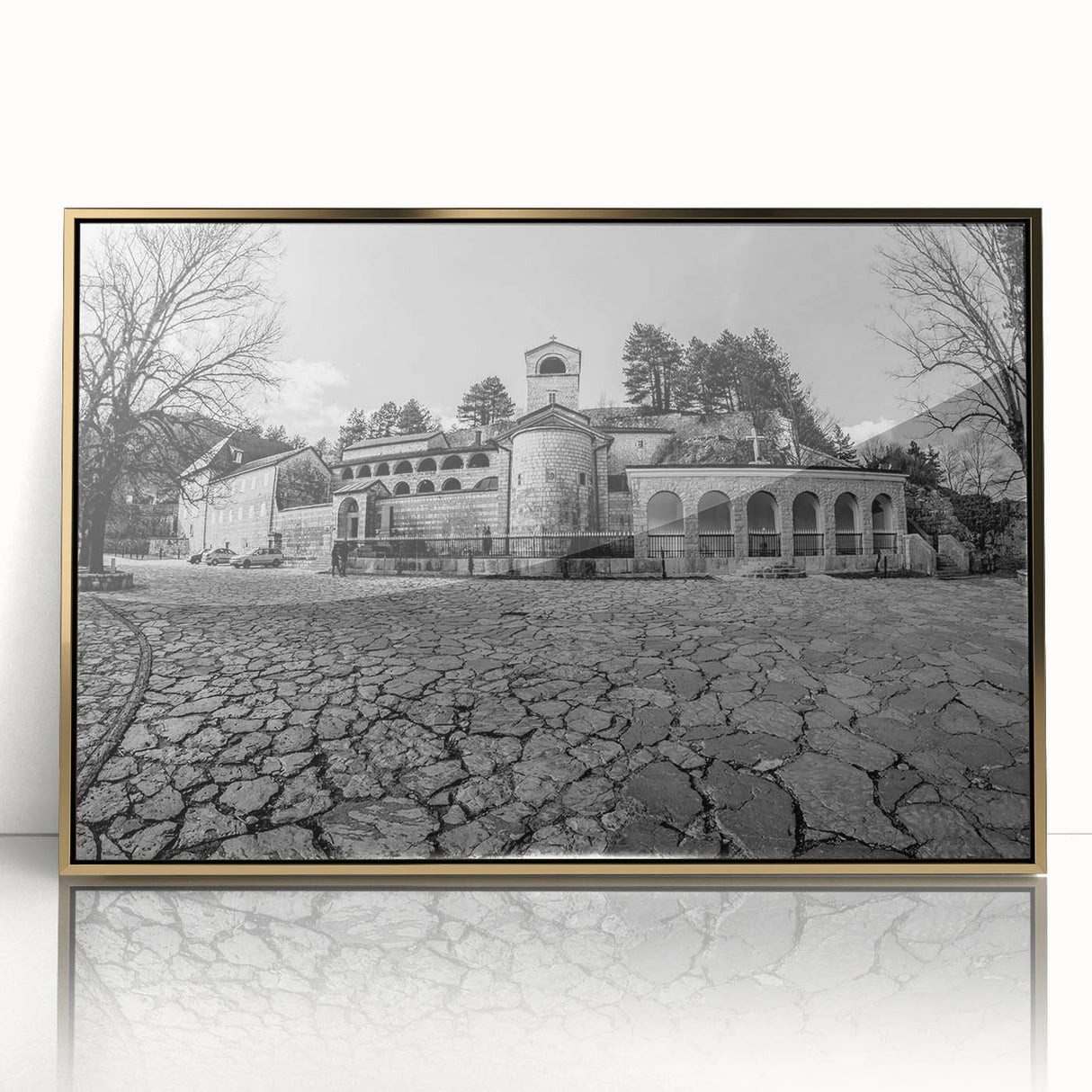 Art deco poster of Montenegro scenery in gold frame, acrylic print, suitable for modern art wall decor or nursery.