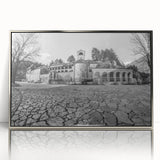 Large art print of a Montenegro scenery in mid-century modernist style, framed in silver acrylic.