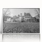 Mid-century modernist art depicting a serene Montenegro landscape in muted earth tones, acrylic print framed in white.