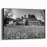 Black and white landscape art of Montenegro on framed canvas, ideal for bedroom decor with a vintage poster style.