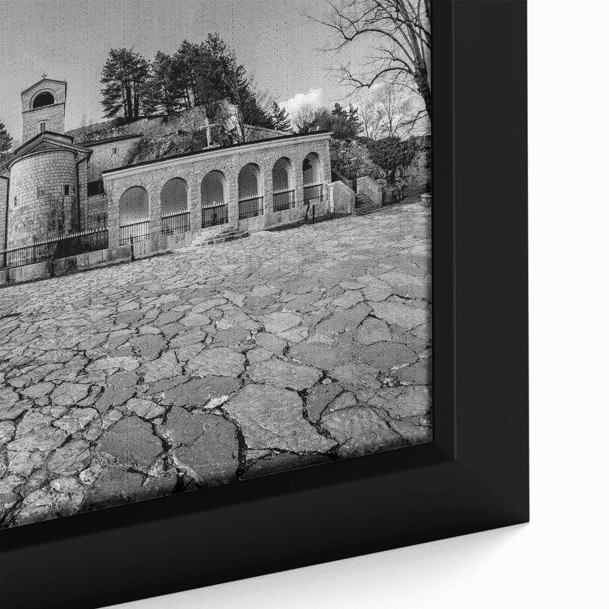 Extra large black wall art of a textured Montenegro scenery on framed canvas, with colorful art elements.
