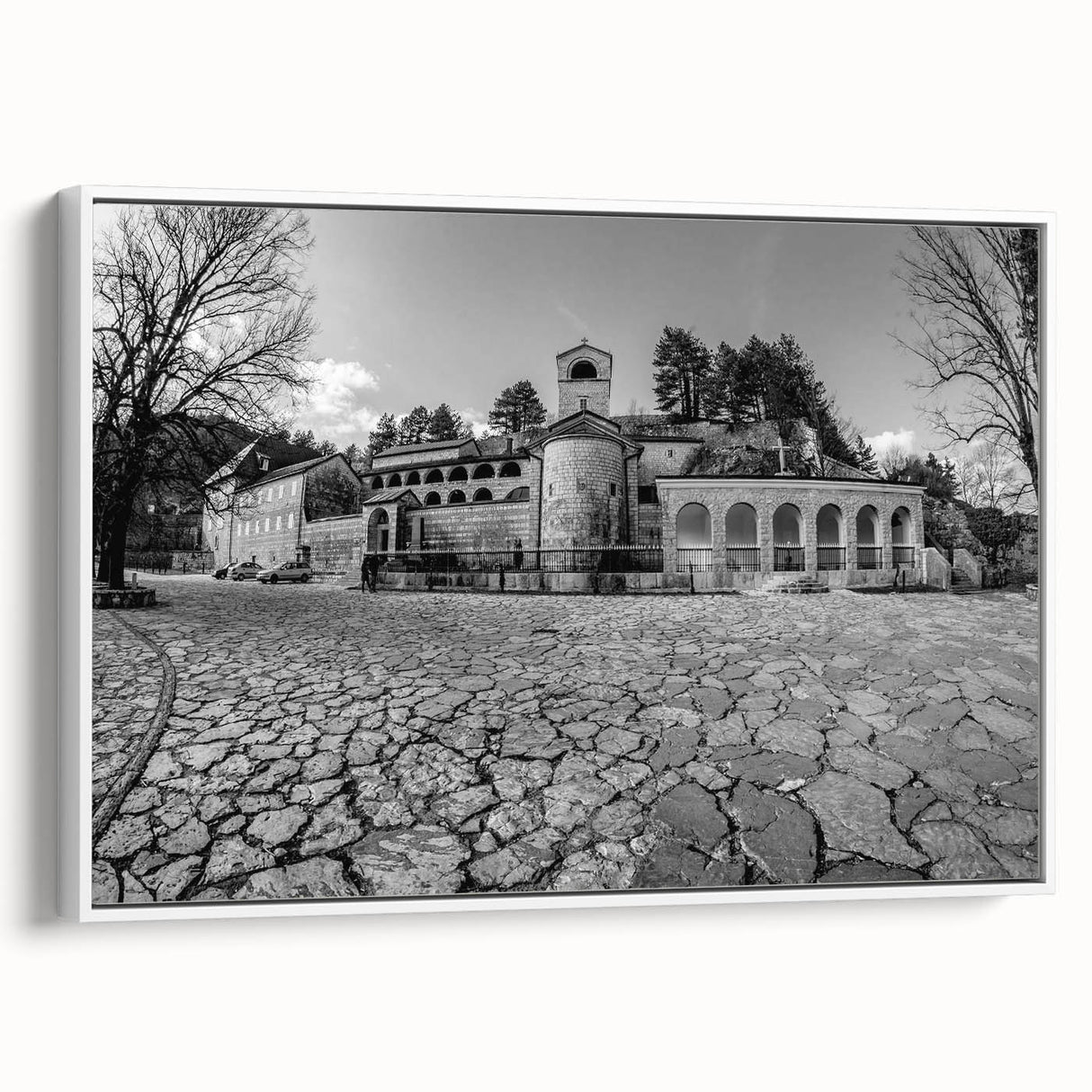 Vintage poster art of a Montenegro landscape on framed canvas, featuring vibrant colors, ideal for living room decor.