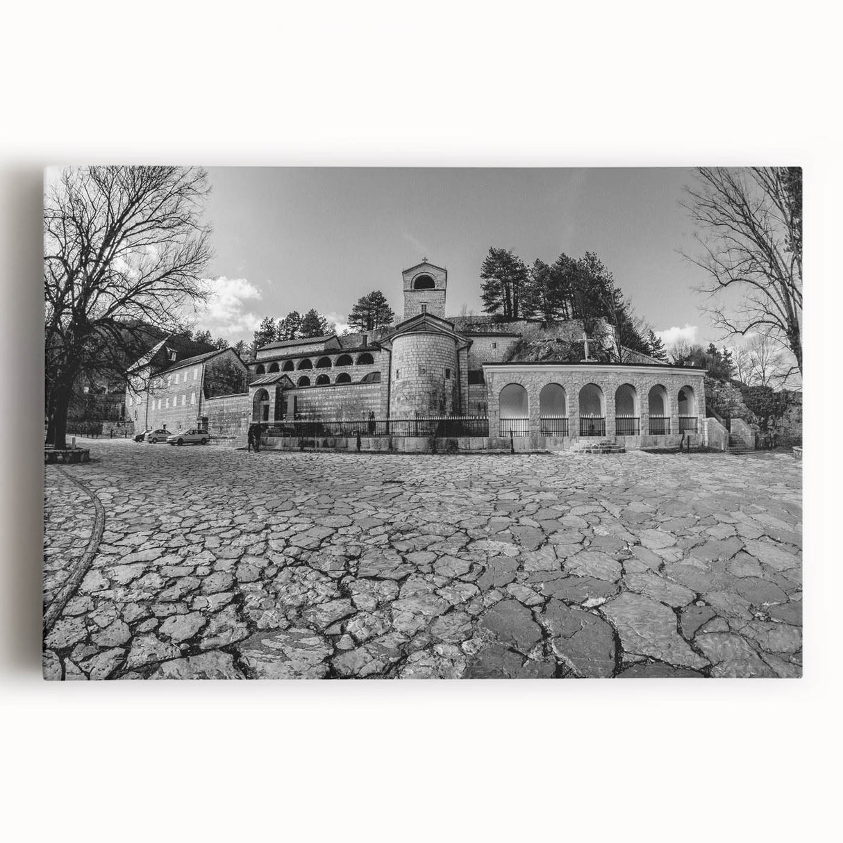 Black and white photograph of a European coastline on stretched canvas, ideal for kitchen wall art or bedroom ambiance.