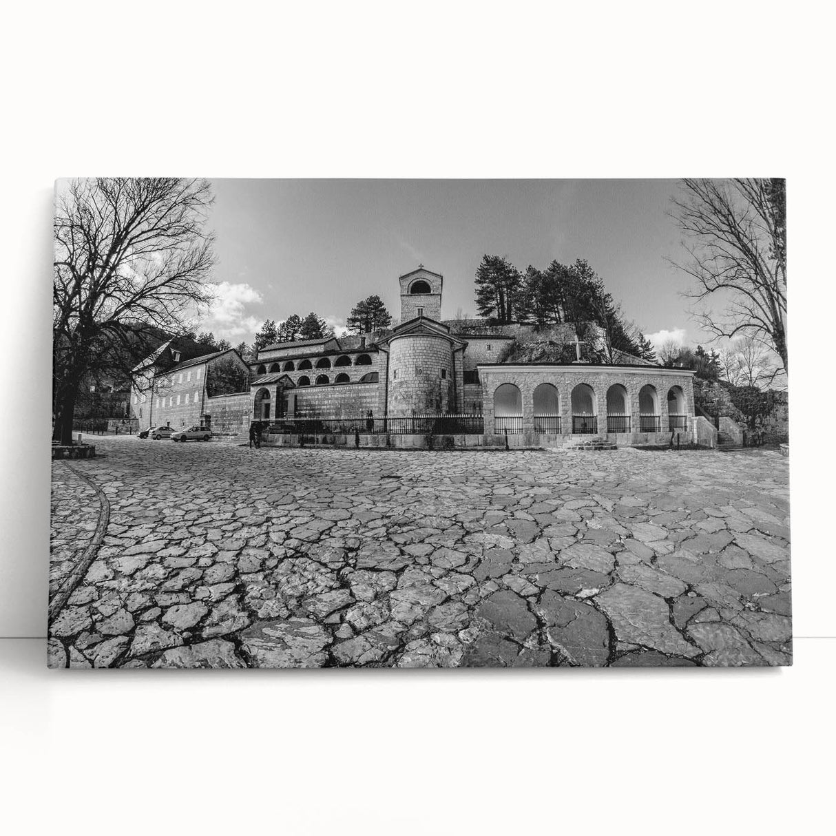 Black and white photograph of Montenegro scenery on large stretched canvas, ideal for kitchen wall art.