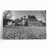 Black and white photograph of Montenegro scenery on large stretched canvas, ideal for kitchen wall art.