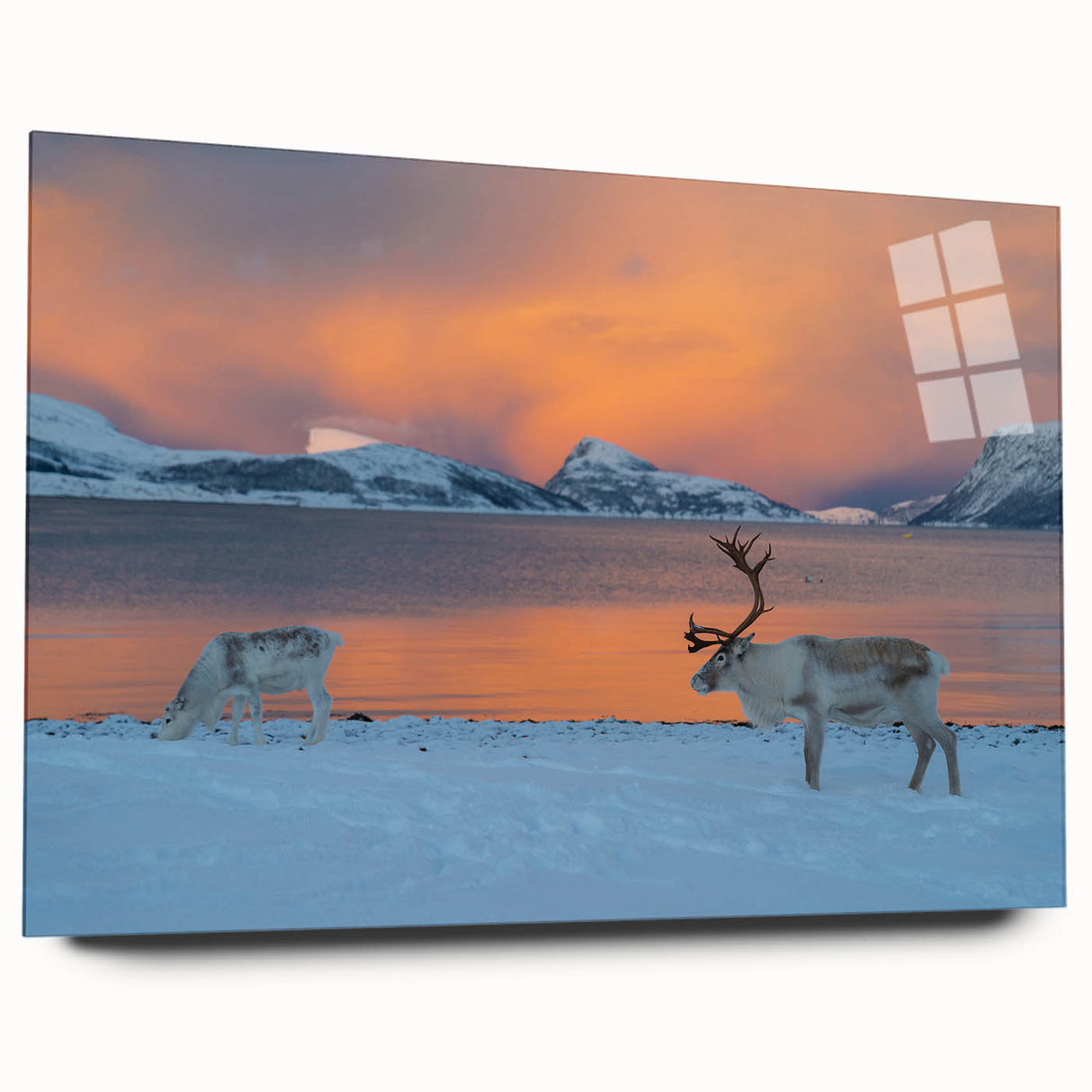 Large abstract wall art featuring a serene Norwegian landscape in muted blues and greens on acrylic glass.