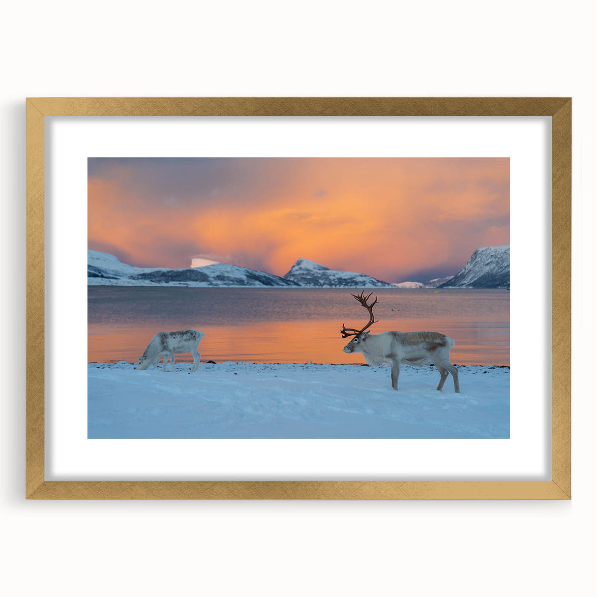 Abstract art print of a serene Norwegian landscape in muted blue and green tones on a framed gold mat.