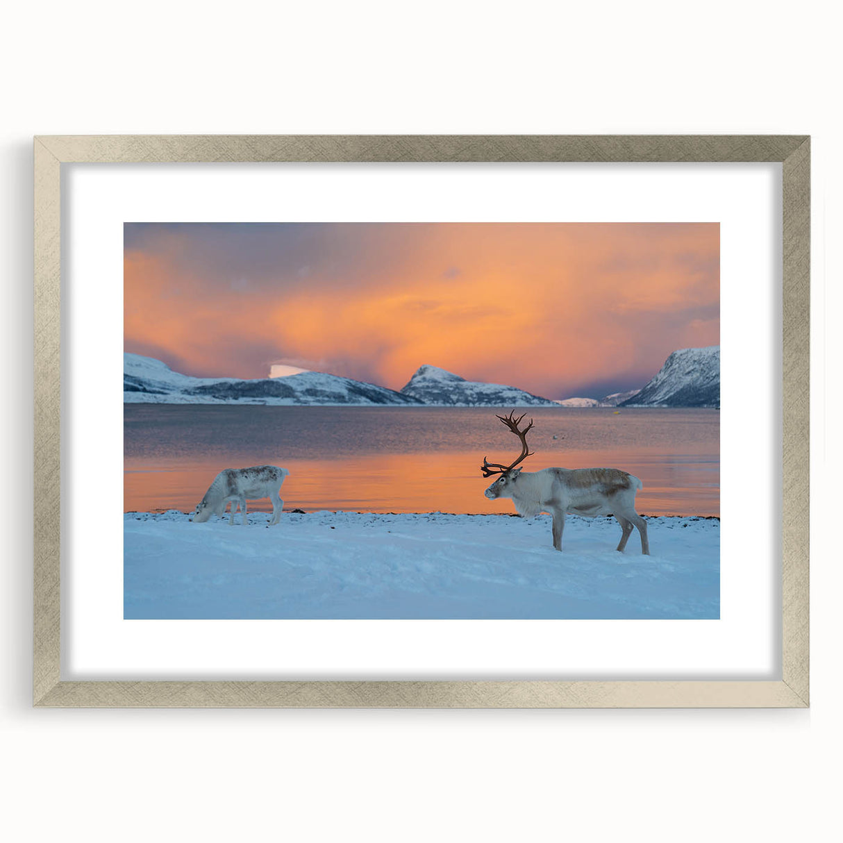 Extra large abstract art print featuring textured scenery of Norway in muted earth tones, framed in silver.