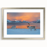 Extra large abstract art print featuring textured scenery of Norway in muted earth tones, framed in silver.