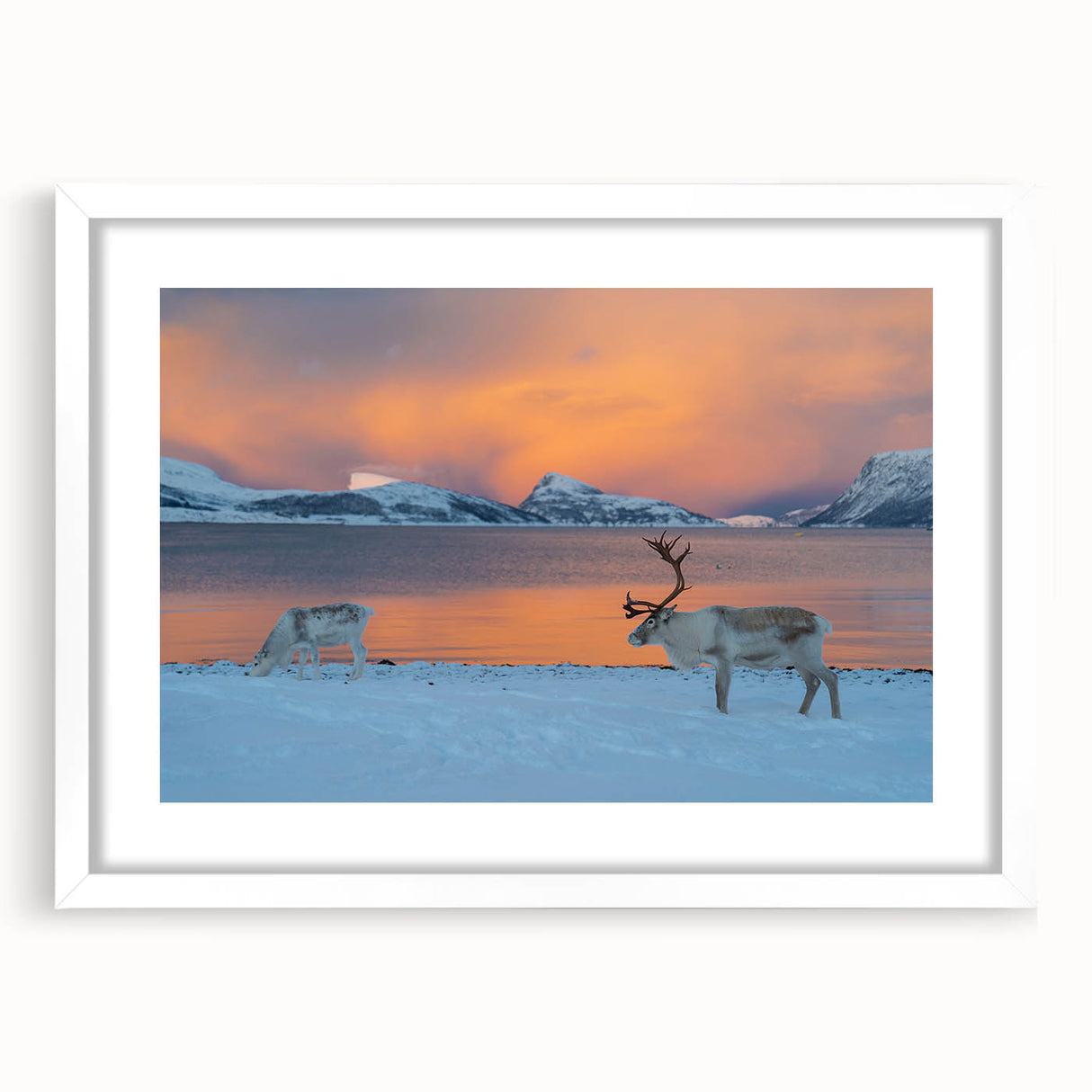 Textured abstract art print of a Norwegian landscape in muted earth tones on a framed white mat, ideal for bedroom decor.