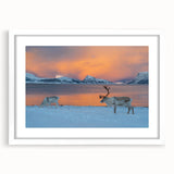 Textured abstract art print of a Norwegian landscape in muted earth tones on a framed white mat, ideal for bedroom decor.