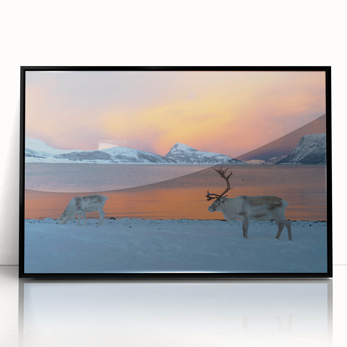 Large abstract wall art of a Norwegian scenery in muted earth tones, presented in a black framed acrylic.