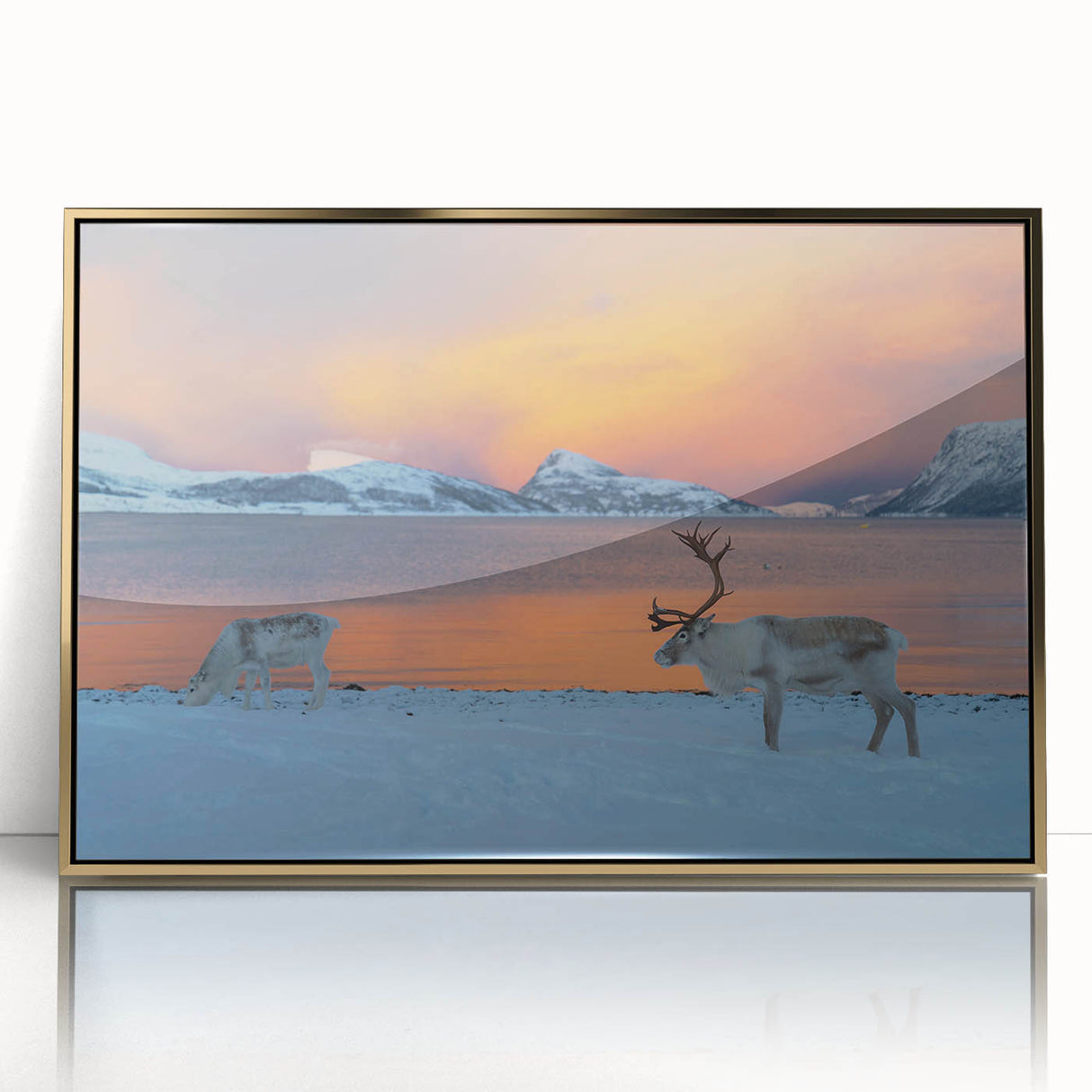 Art deco poster of a serene Norway landscape in muted gold tones on framed acrylic, suitable for modern art wall decor.