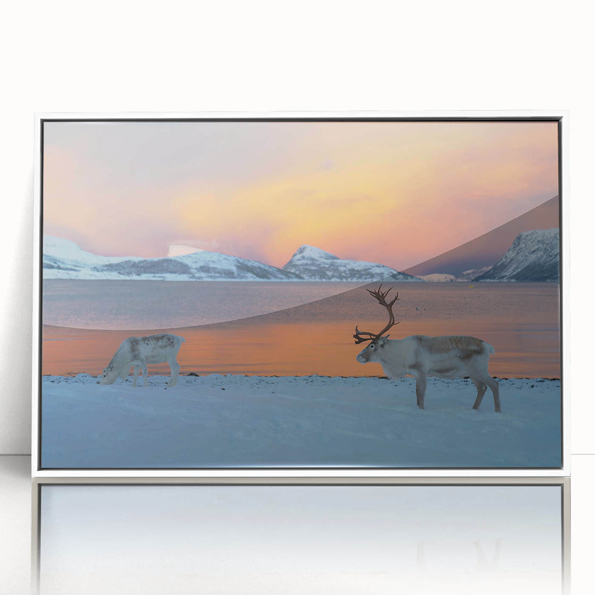 Mid-century modernist art depicting a serene Norwegian landscape in muted earth tones, framed in white acrylic.
