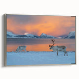 Framed canvas of a vintage landscape painting depicting a Norwegian scenery in vibrant colors on a black background.