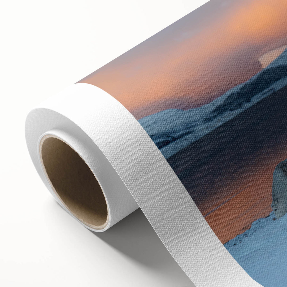 Art Deco style poster of a Norway landscape in muted blue and green tones on rolled canvas, ideal for nursery wall art.