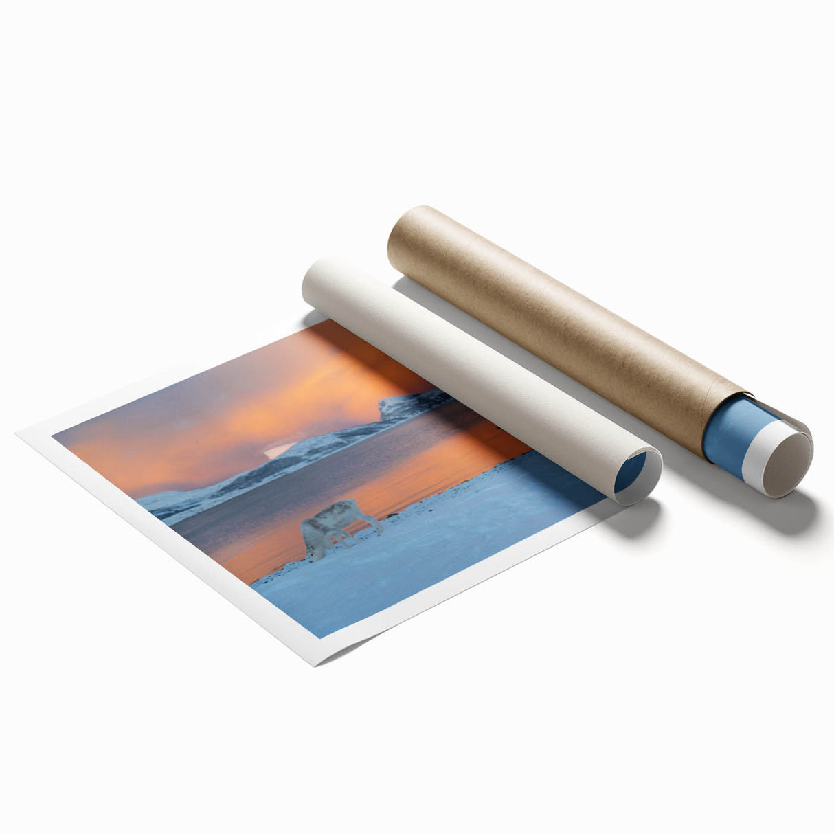 Extra large rolled print of a serene Norwegian landscape, featuring muted green and blue tones.
