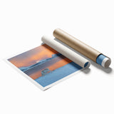 Extra large rolled print of a serene Norwegian landscape, featuring muted green and blue tones.