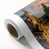 Art deco poster of a European scenery in muted pastel shades on rolled canvas, ideal for nursery wall art.