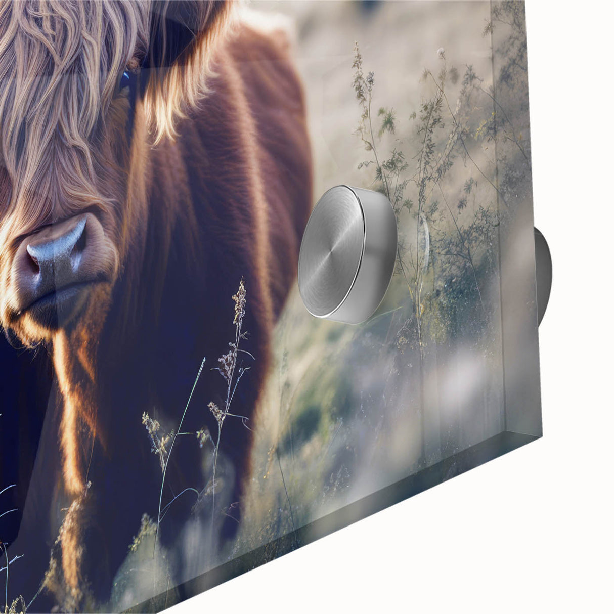 Large abstract wall art depicting a Scottish landscape in muted earth tones on acrylic glass, ideal for dining room ambiance.