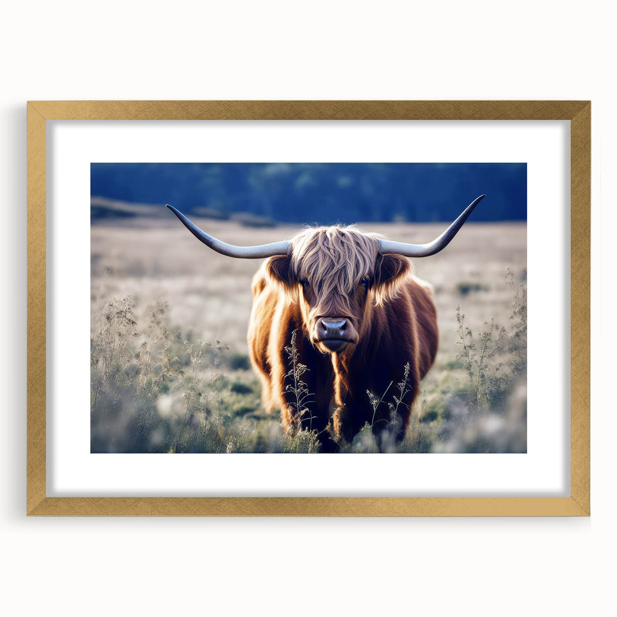 Abstract art print of a Scottish landscape in muted green and blue tones, framed in gold, ideal for dining room decor.