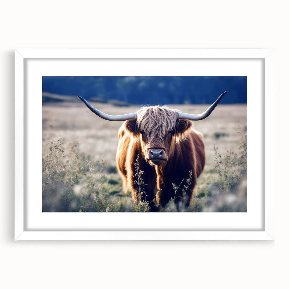 Textured art print of abstract Scottish landscape in muted earth tones on a white-framed mat, ideal for bedroom wall decor.