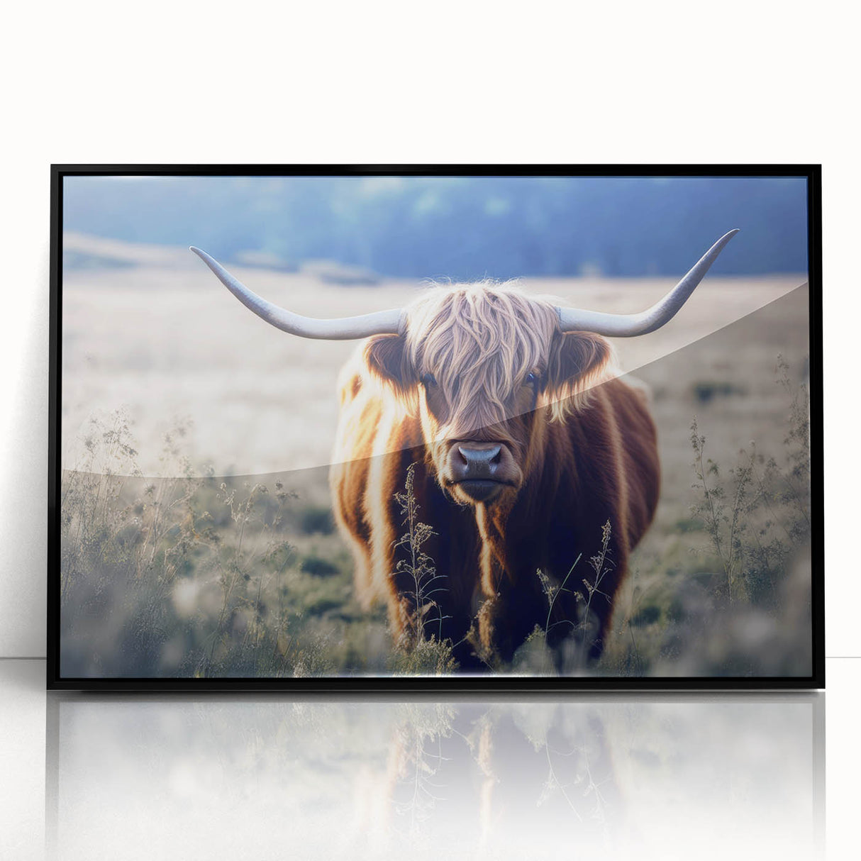 Large abstract wall art of a Scottish landscape in muted earth tones, framed in black acrylic, suitable for modern decor.