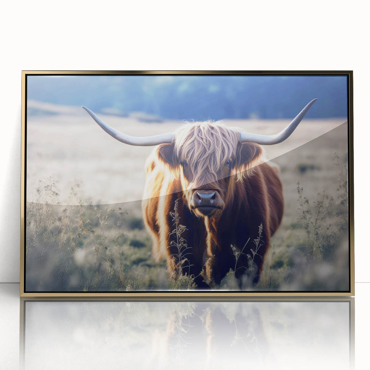 Art Deco style poster of a Scottish landscape in muted gold and green tones, acrylic framed.