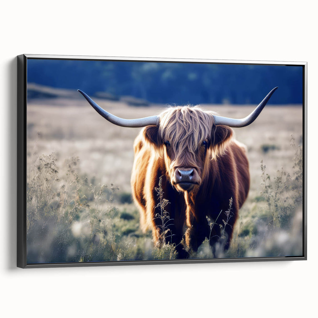 Black and white framed canvas of a Scottish landscape, ideal for bedroom wall art in a vintage poster style.